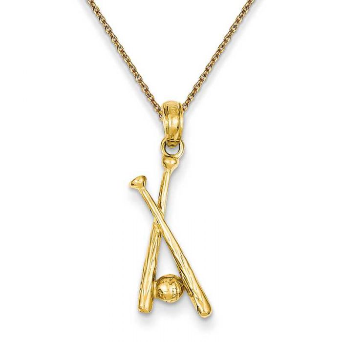 Twin Baseball Bat Pendant Necklace In 14k Yellow Gold