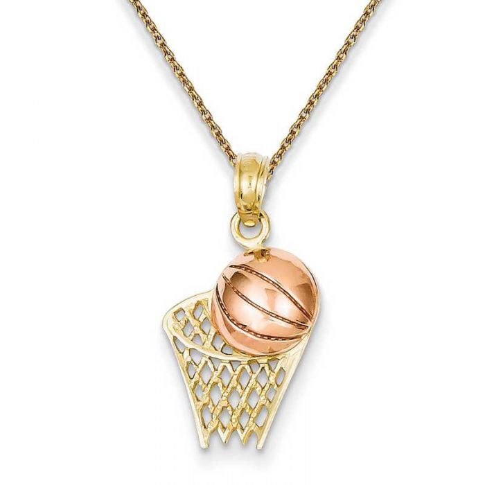 Basketball Hoop With Ball Pendant Necklace In 14k Yellow Rose Gold